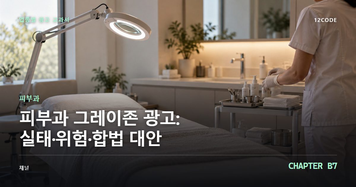 피부과 업종별 광고 교과서 B7장, 그레이존 광고: 실태·위험·합법 대안을 안내하는 표지 이미지