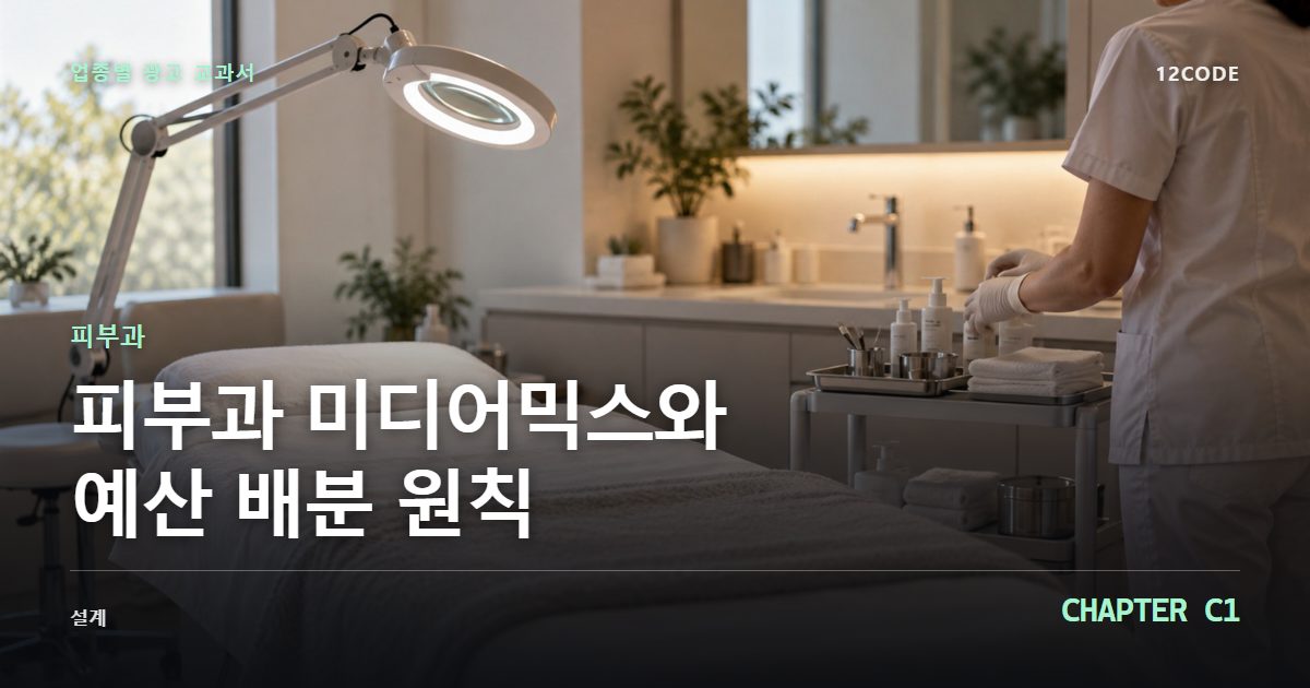 피부과 업종별 광고 교과서 C1장, 미디어믹스와 예산 배분 원칙을 안내하는 표지 이미지