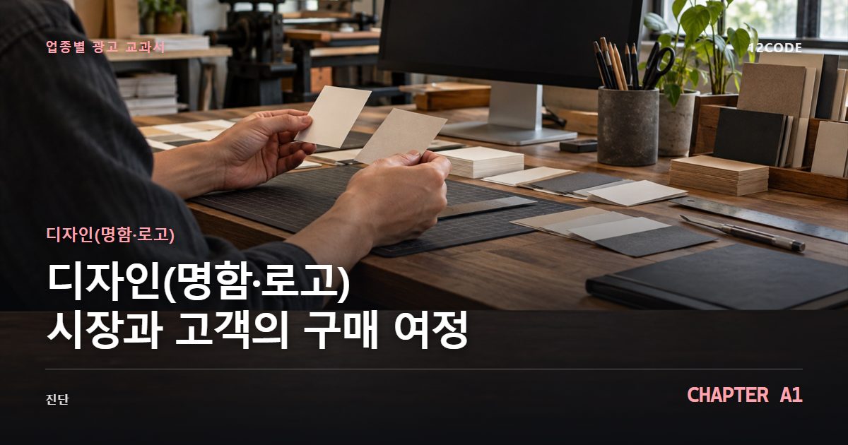디자인(명함·로고) 업종별 광고 교과서 A1장, 시장과 고객의 구매 여정을 안내하는 표지 이미지