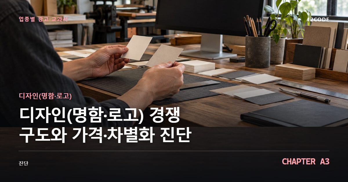 디자인(명함·로고) 업종별 광고 교과서 A3장, 경쟁 구도와 가격·차별화 진단을 안내하는 표지 이미지