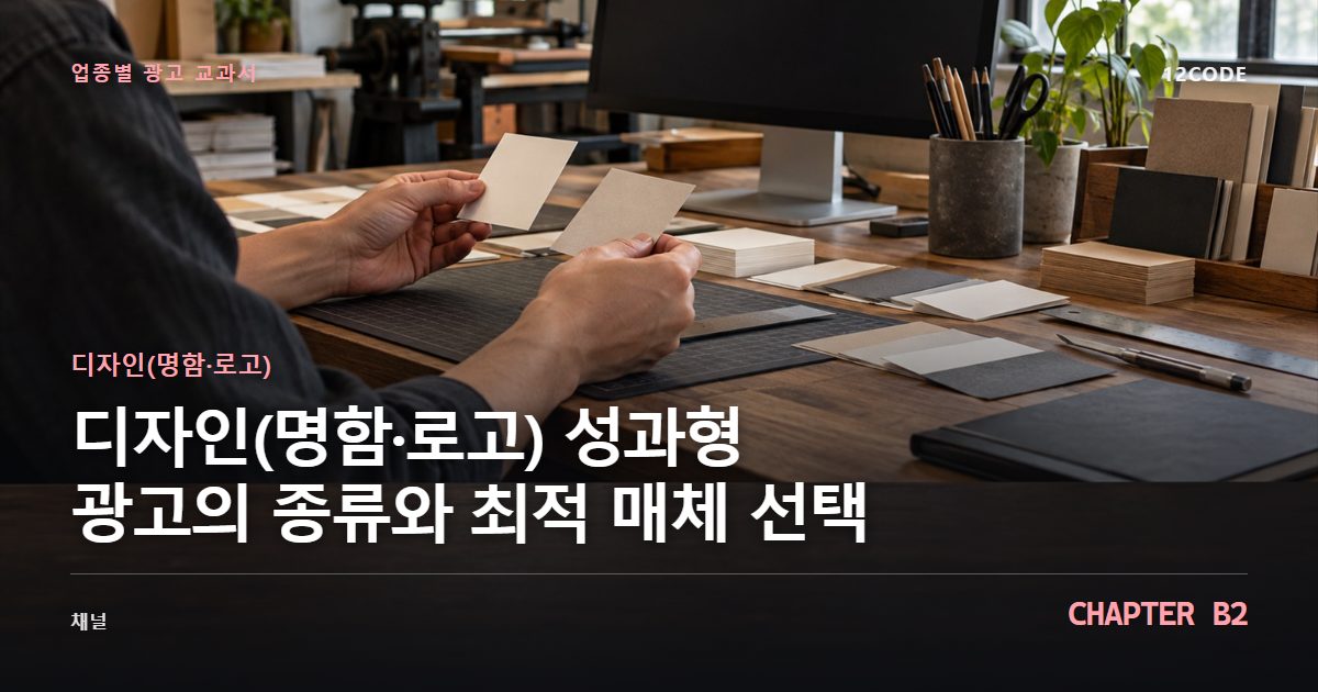 디자인(명함·로고) 업종별 광고 교과서 B2장, 성과형 광고의 종류와 최적 매체 선택을 안내하는 표지 이미지