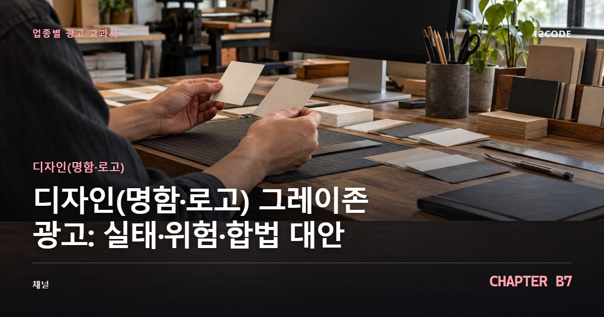 디자인(명함·로고) 업종별 광고 교과서 B7장, 그레이존 광고: 실태·위험·합법 대안을 안내하는 표지 이미지