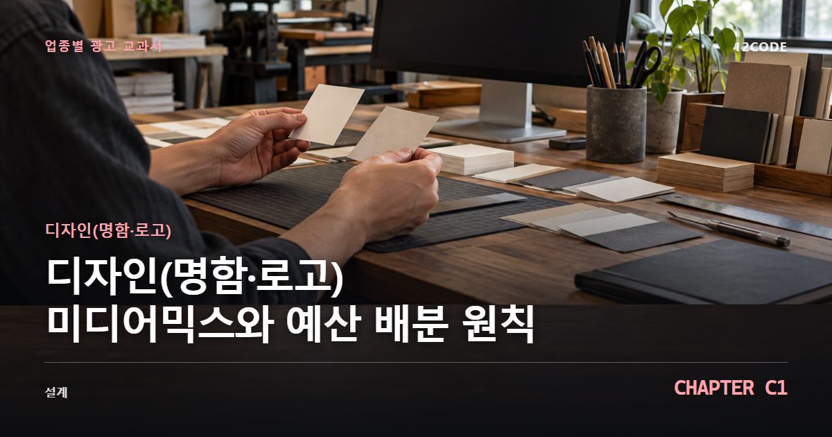 디자인(명함·로고) 업종별 광고 교과서 C1장, 미디어믹스와 예산 배분 원칙을 안내하는 표지 이미지