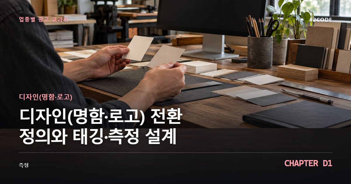 디자인(명함·로고) 업종별 광고 교과서 D1장, 전환 정의와 태깅·측정 설계을 안내하는 표지 이미지