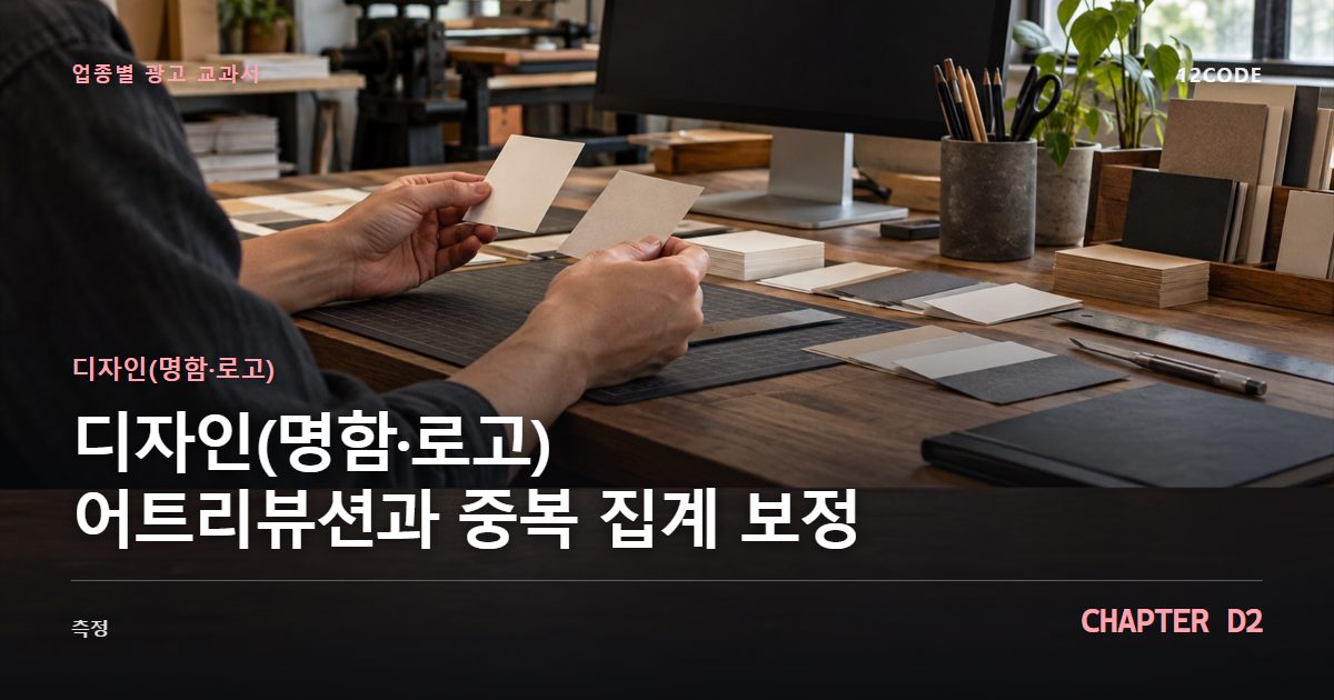 디자인(명함·로고) 업종별 광고 교과서 D2장, 어트리뷰션과 중복 집계 보정을 안내하는 표지 이미지