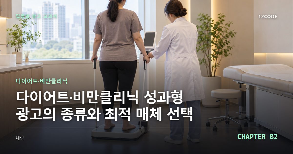 다이어트·비만클리닉 업종별 광고 교과서 B2장, 성과형 광고의 종류와 최적 매체 선택을 안내하는 표지 이미지