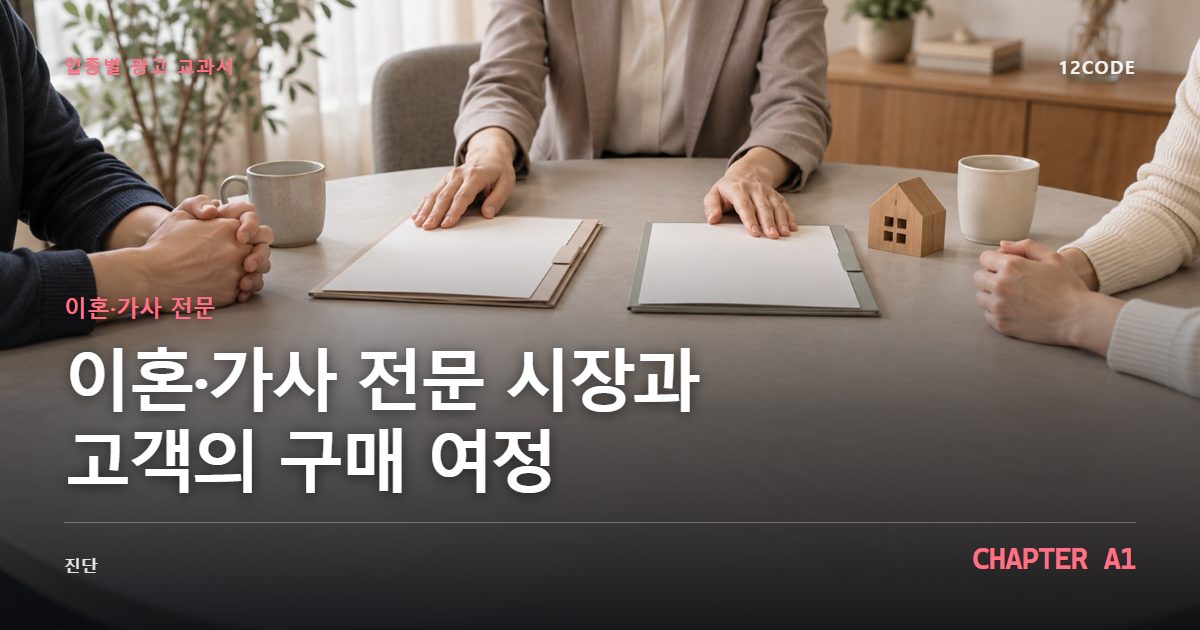 이혼·가사 전문 업종별 광고 교과서 A1장, 시장과 고객의 구매 여정을 안내하는 표지 이미지