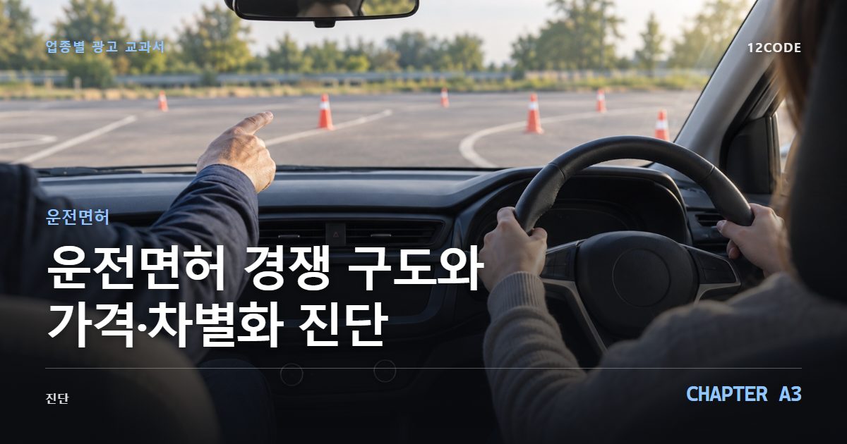 운전면허 업종별 광고 교과서 A3장, 경쟁 구도와 가격·차별화 진단을 안내하는 표지 이미지