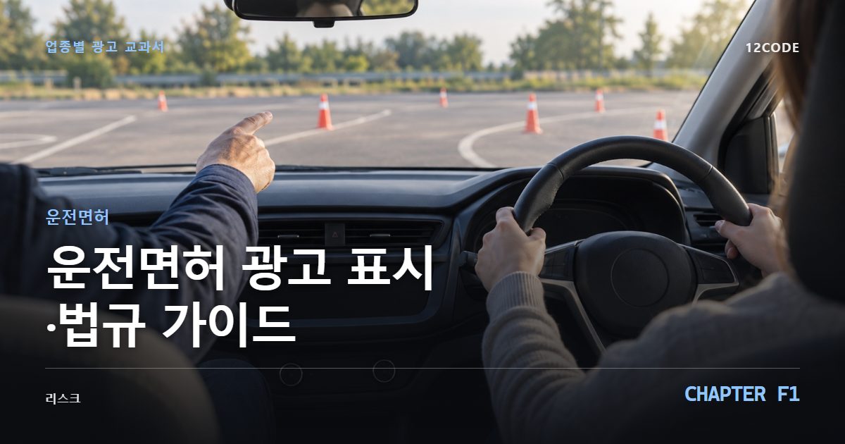 운전면허 업종별 광고 교과서 F1장, 광고 표시·법규 가이드을 안내하는 표지 이미지