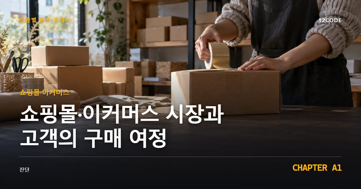 쇼핑몰·이커머스 업종별 광고 교과서 A1장, 시장과 고객의 구매 여정을 안내하는 표지 이미지