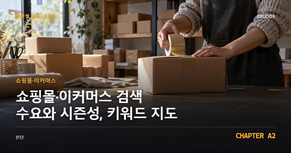쇼핑몰·이커머스 업종별 광고 교과서 A2장, 검색 수요와 시즌성, 키워드 지도을 안내하는 표지 이미지