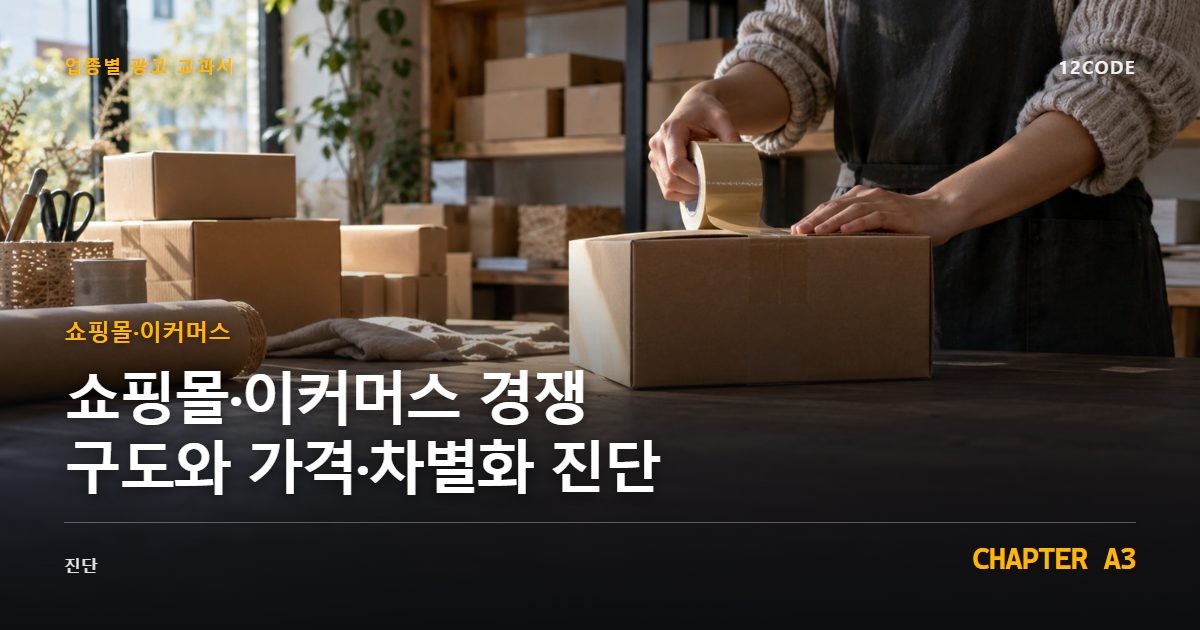 쇼핑몰·이커머스 업종별 광고 교과서 A3장, 경쟁 구도와 가격·차별화 진단을 안내하는 표지 이미지