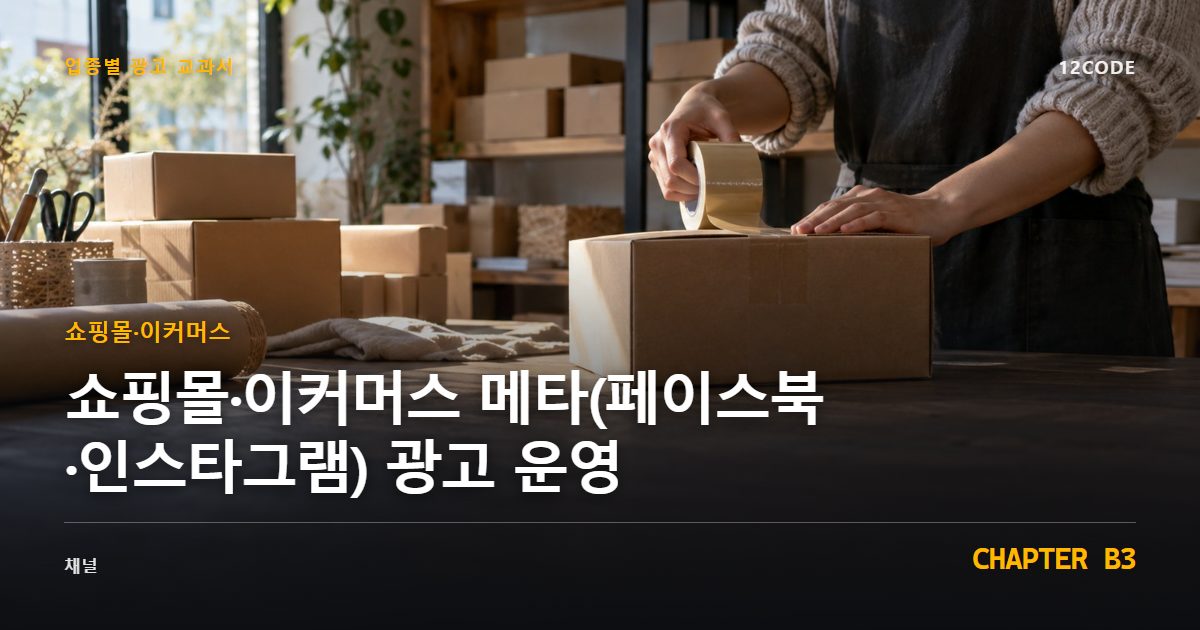 쇼핑몰·이커머스 업종별 광고 교과서 B3장, 메타(페이스북·인스타그램) 광고 운영을 안내하는 표지 이미지