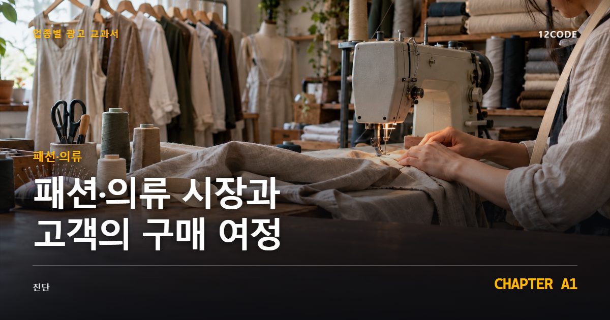 패션·의류 업종별 광고 교과서 A1장, 시장과 고객의 구매 여정을 안내하는 표지 이미지