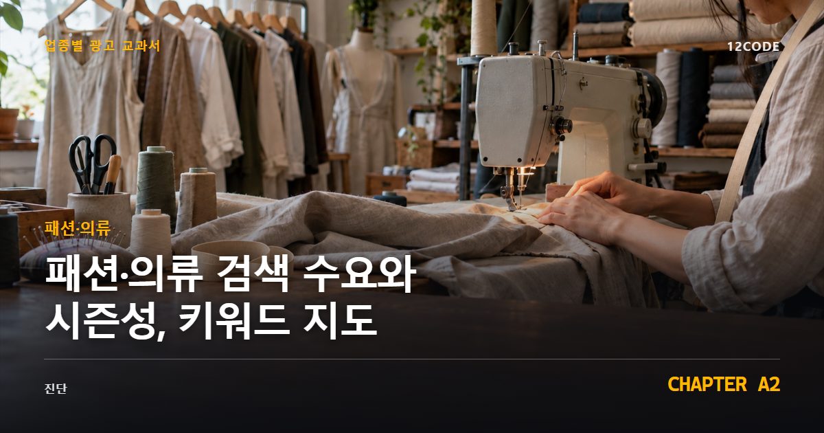 패션·의류 업종별 광고 교과서 A2장, 검색 수요와 시즌성, 키워드 지도을 안내하는 표지 이미지