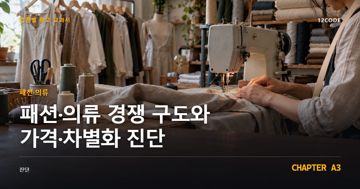 패션·의류 업종별 광고 교과서 A3장, 경쟁 구도와 가격·차별화 진단을 안내하는 표지 이미지