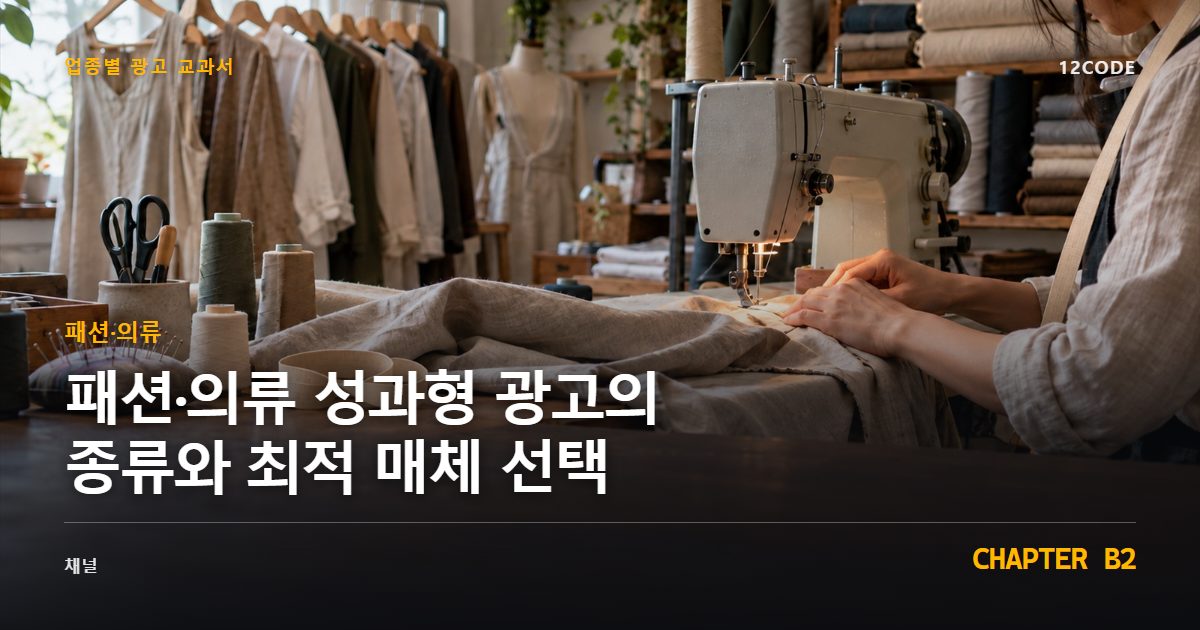 패션·의류 업종별 광고 교과서 B2장, 성과형 광고의 종류와 최적 매체 선택을 안내하는 표지 이미지
