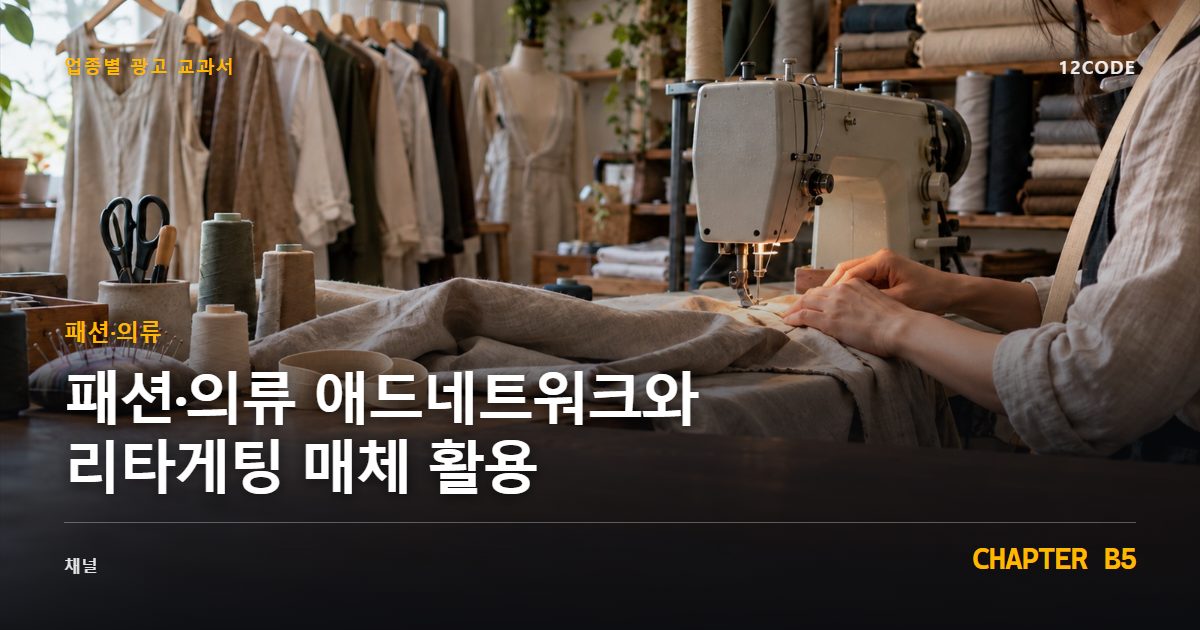 패션·의류 업종별 광고 교과서 B5장, 애드네트워크와 리타게팅 매체 활용을 안내하는 표지 이미지