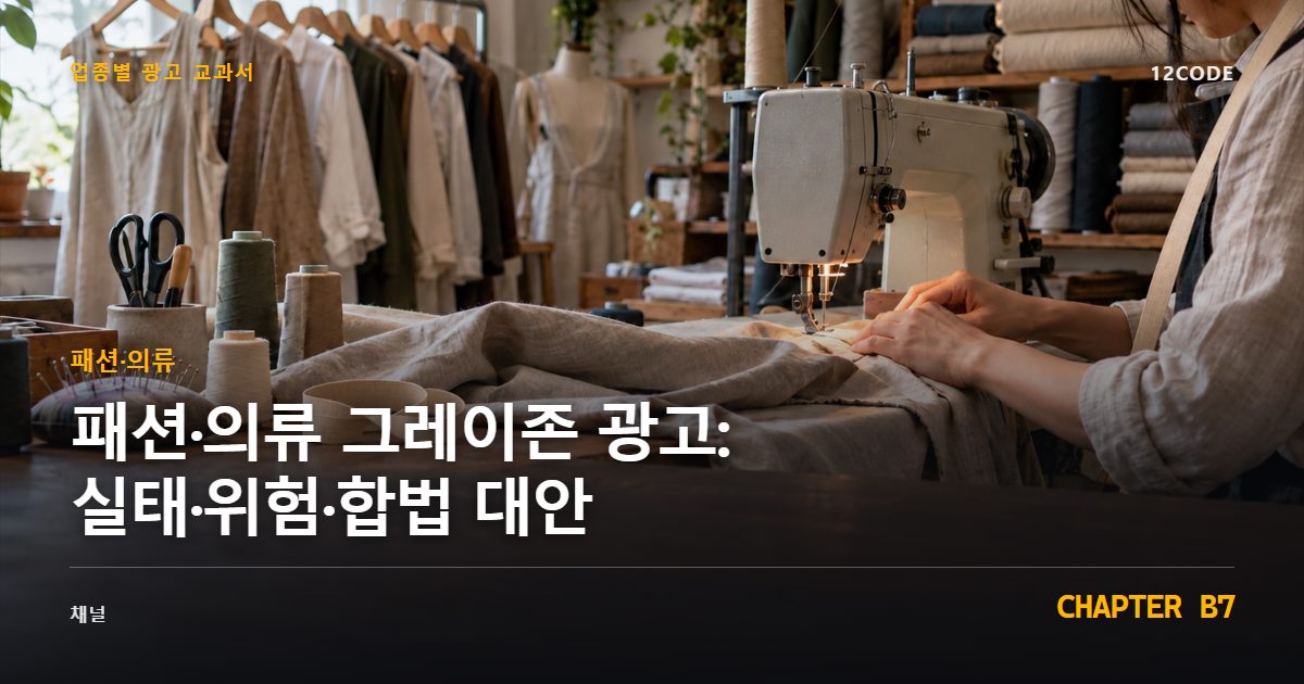 패션·의류 업종별 광고 교과서 B7장, 그레이존 광고: 실태·위험·합법 대안을 안내하는 표지 이미지