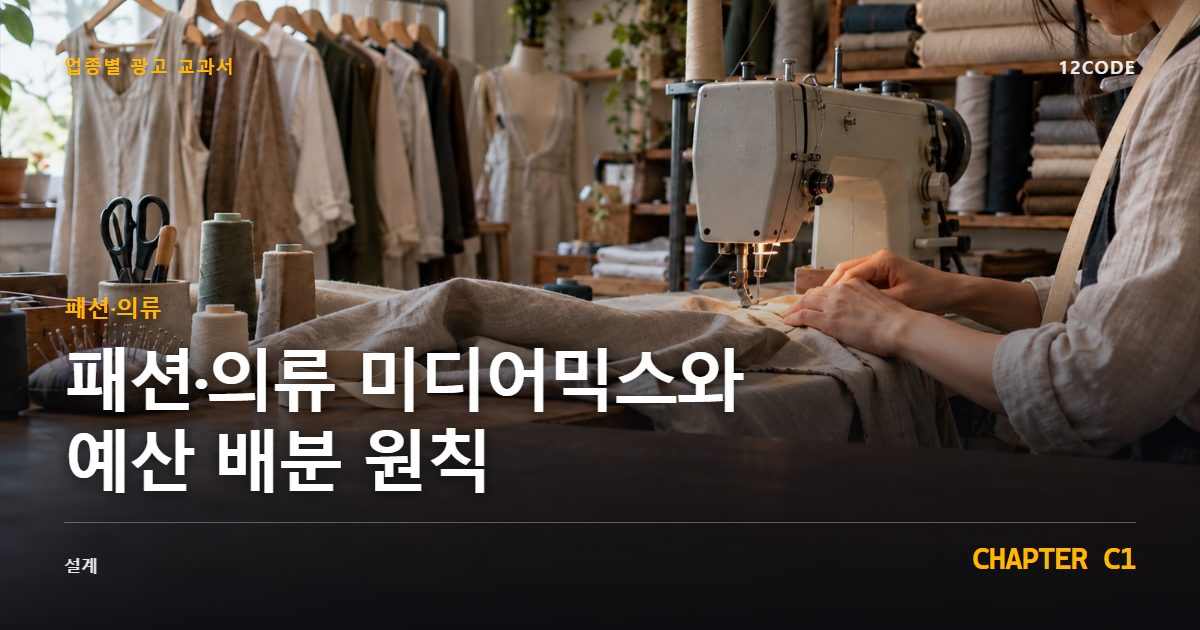패션·의류 업종별 광고 교과서 C1장, 미디어믹스와 예산 배분 원칙을 안내하는 표지 이미지