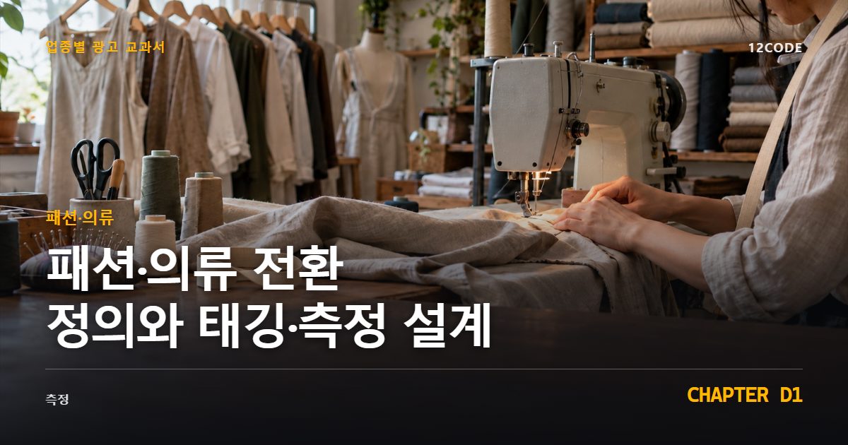 패션·의류 업종별 광고 교과서 D1장, 전환 정의와 태깅·측정 설계을 안내하는 표지 이미지