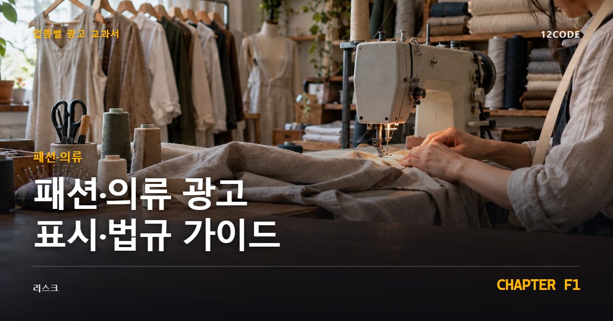패션·의류 업종별 광고 교과서 F1장, 광고 표시·법규 가이드을 안내하는 표지 이미지