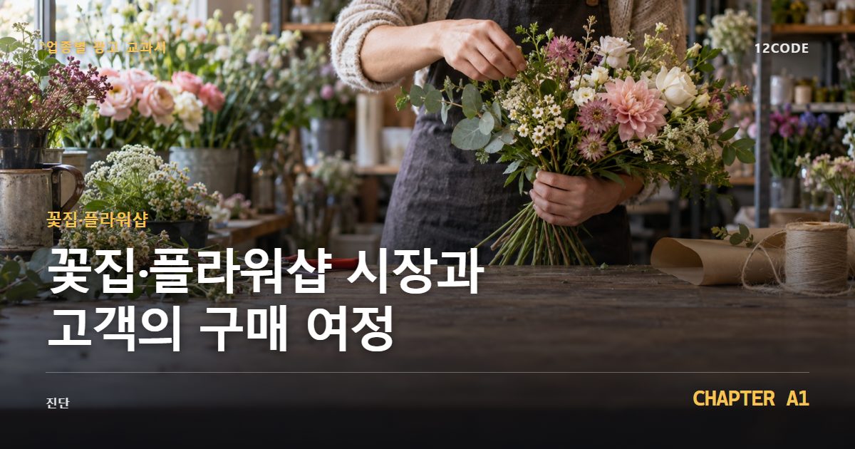 꽃집·플라워샵 업종별 광고 교과서 A1장, 시장과 고객의 구매 여정을 안내하는 표지 이미지