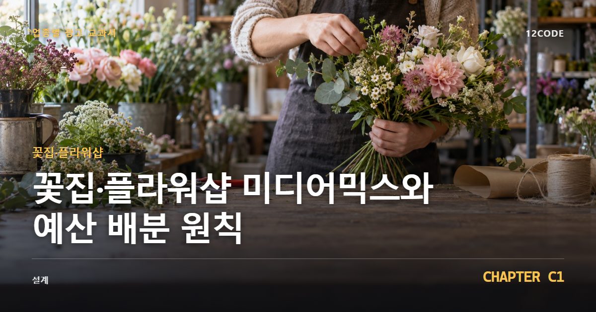 꽃집·플라워샵 업종별 광고 교과서 C1장, 미디어믹스와 예산 배분 원칙을 안내하는 표지 이미지