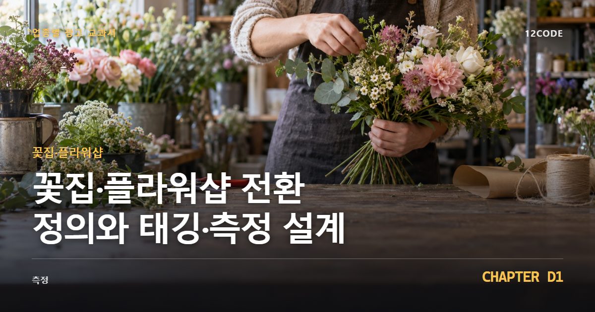 꽃집·플라워샵 업종별 광고 교과서 D1장, 전환 정의와 태깅·측정 설계을 안내하는 표지 이미지