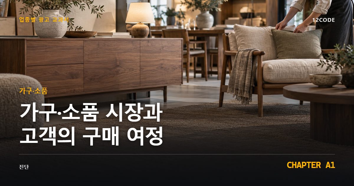 가구·소품 업종별 광고 교과서 A1장, 시장과 고객의 구매 여정을 안내하는 표지 이미지