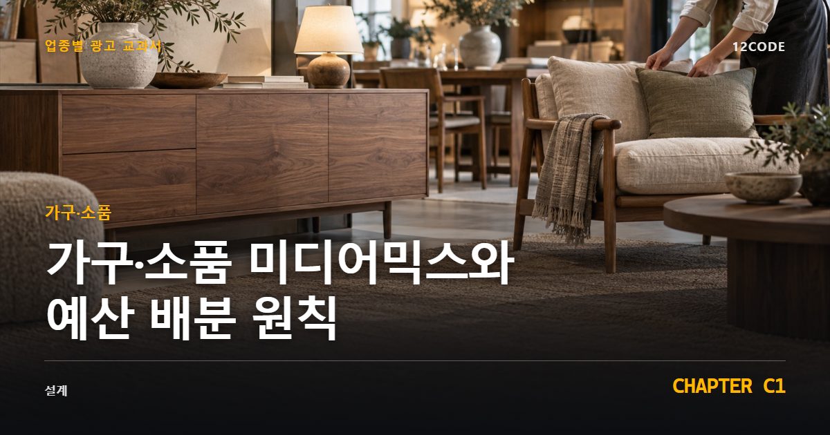 가구·소품 업종별 광고 교과서 C1장, 미디어믹스와 예산 배분 원칙을 안내하는 표지 이미지