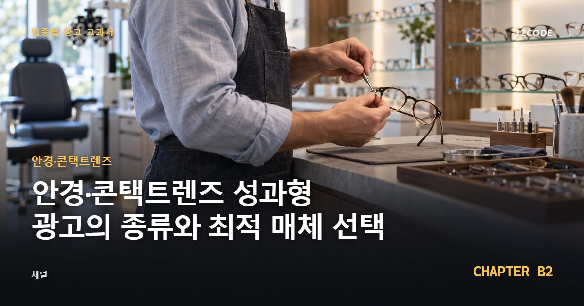 안경·콘택트렌즈 업종별 광고 교과서 B2장, 성과형 광고의 종류와 최적 매체 선택을 안내하는 표지 이미지
