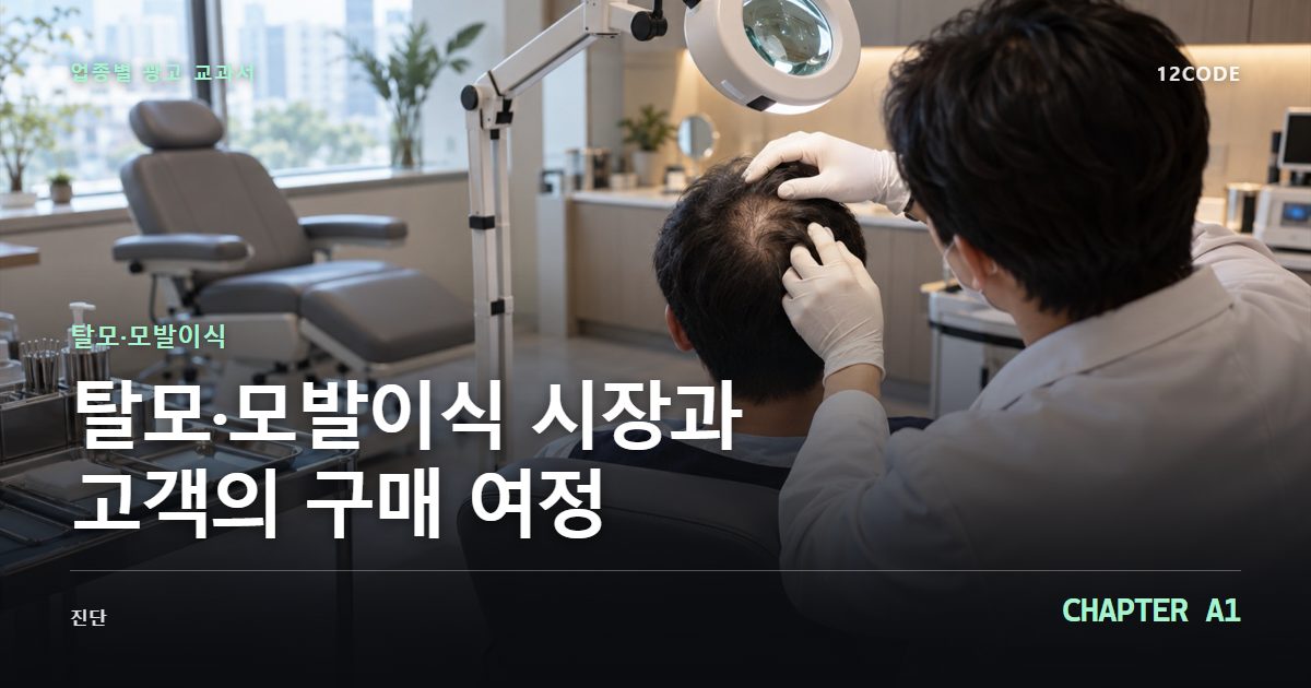탈모·모발이식 업종별 광고 교과서 A1장, 시장과 고객의 구매 여정을 안내하는 표지 이미지