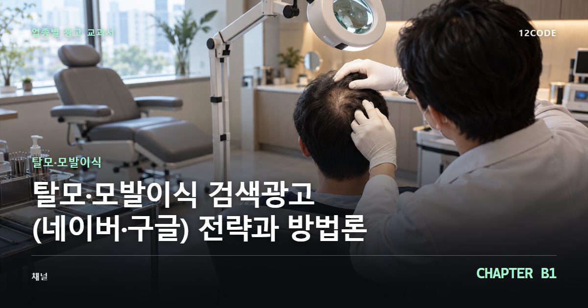 탈모·모발이식 업종별 광고 교과서 B1장, 검색광고(네이버·구글) 전략과 방법론을 안내하는 표지 이미지