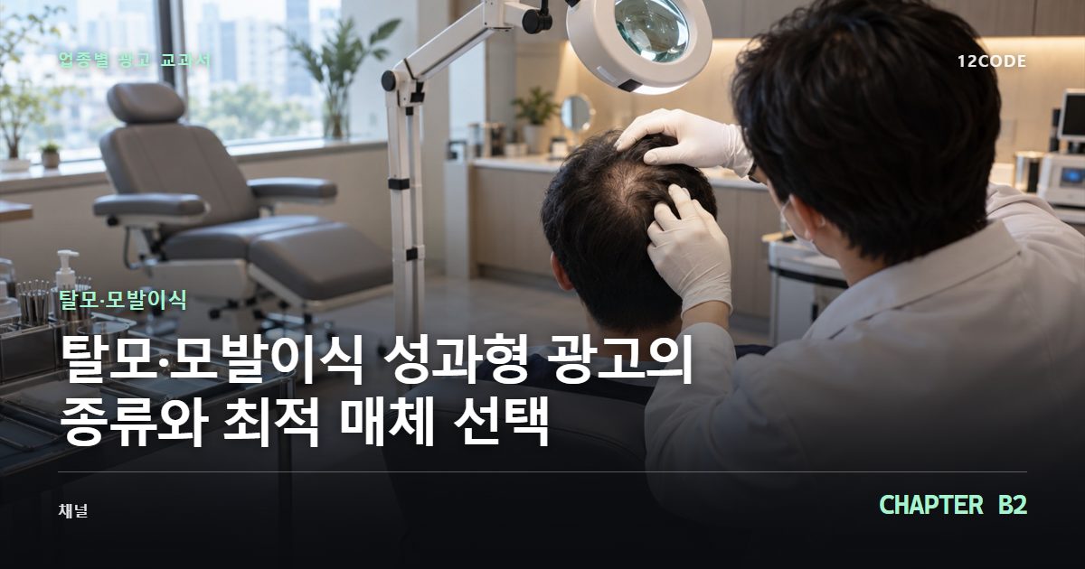탈모·모발이식 업종별 광고 교과서 B2장, 성과형 광고의 종류와 최적 매체 선택을 안내하는 표지 이미지