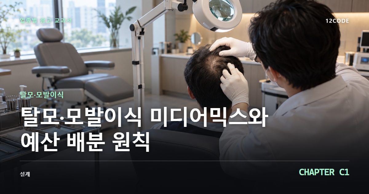 탈모·모발이식 업종별 광고 교과서 C1장, 미디어믹스와 예산 배분 원칙을 안내하는 표지 이미지