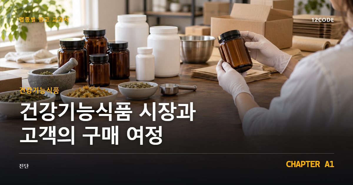 건강기능식품 업종별 광고 교과서 A1장, 시장과 고객의 구매 여정을 안내하는 표지 이미지