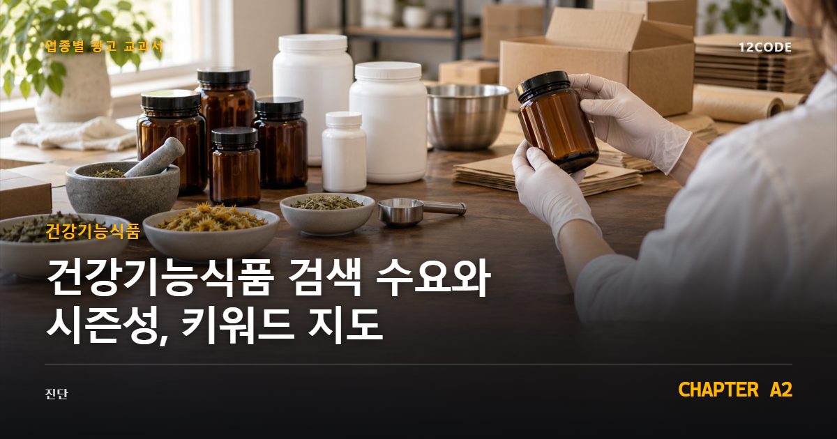 건강기능식품 업종별 광고 교과서 A2장, 검색 수요와 시즌성, 키워드 지도을 안내하는 표지 이미지