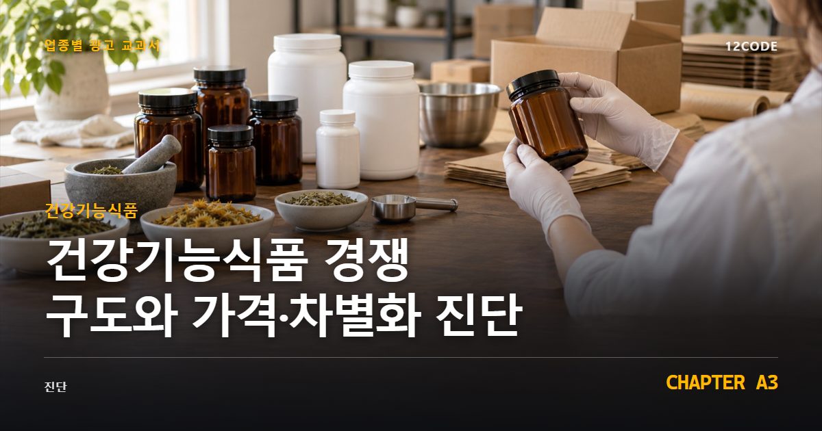건강기능식품 업종별 광고 교과서 A3장, 경쟁 구도와 가격·차별화 진단을 안내하는 표지 이미지