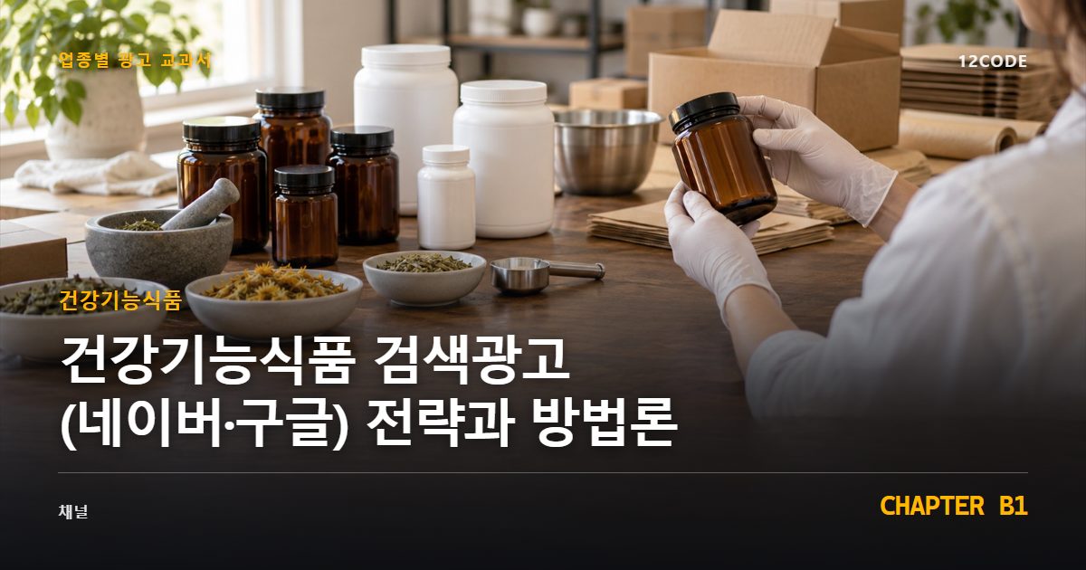 건강기능식품 업종별 광고 교과서 B1장, 검색광고(네이버·구글) 전략과 방법론을 안내하는 표지 이미지