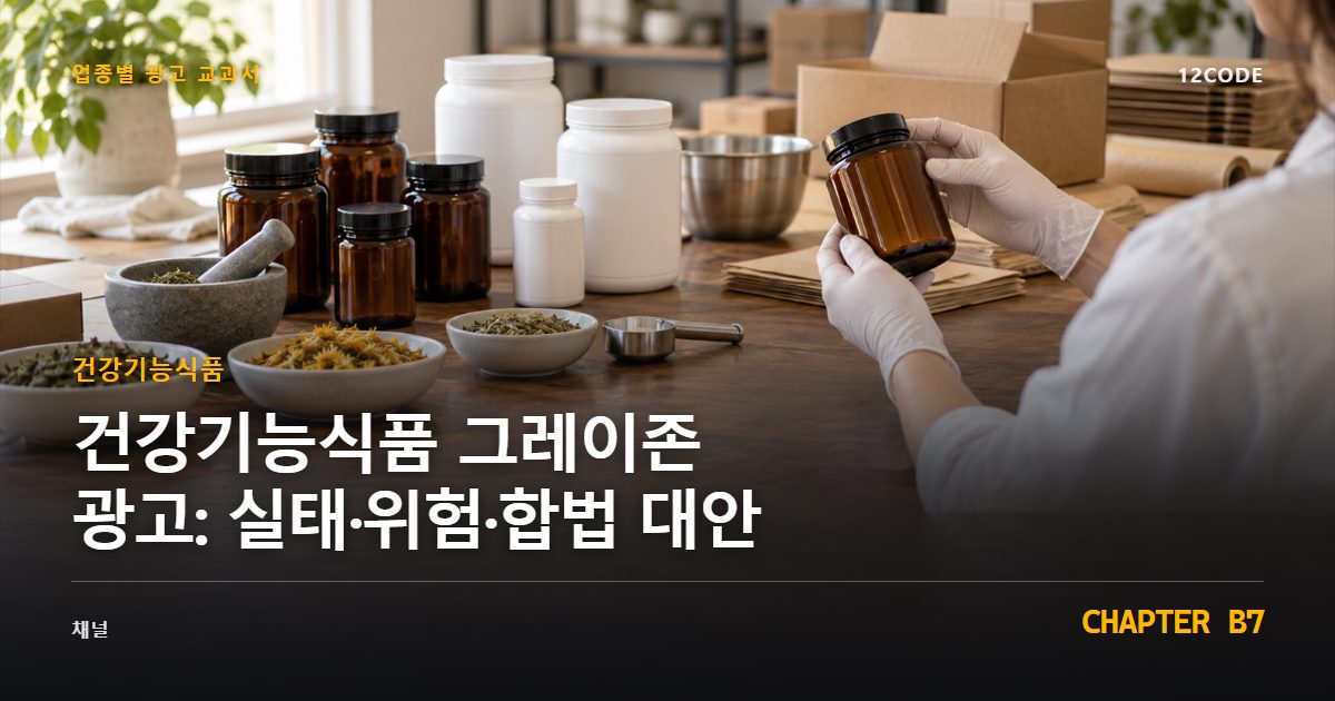 건강기능식품 업종별 광고 교과서 B7장, 그레이존 광고: 실태·위험·합법 대안을 안내하는 표지 이미지