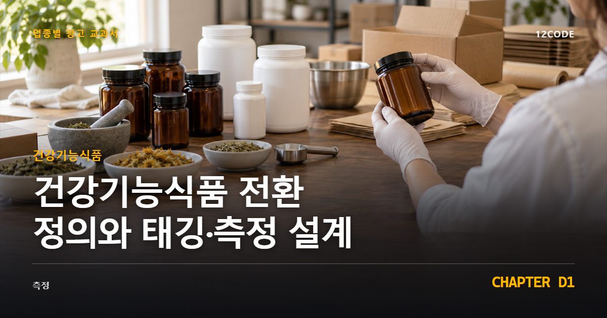 건강기능식품 업종별 광고 교과서 D1장, 전환 정의와 태깅·측정 설계을 안내하는 표지 이미지