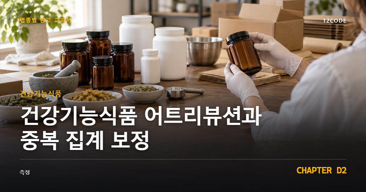 건강기능식품 업종별 광고 교과서 D2장, 어트리뷰션과 중복 집계 보정을 안내하는 표지 이미지