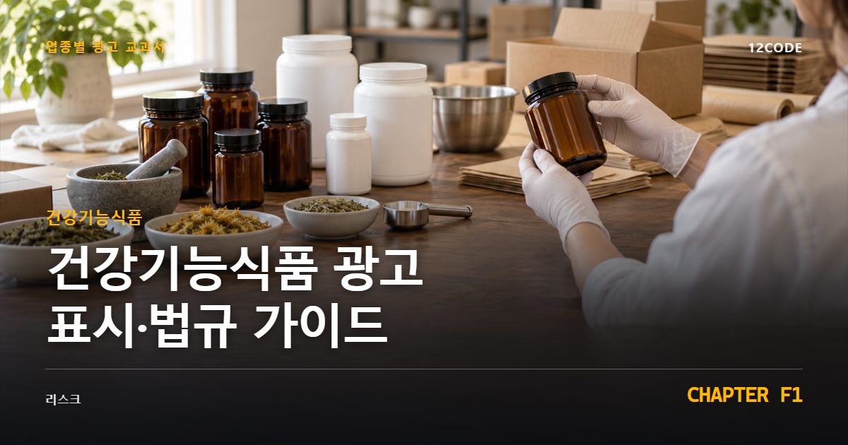 건강기능식품 업종별 광고 교과서 F1장, 광고 표시·법규 가이드을 안내하는 표지 이미지
