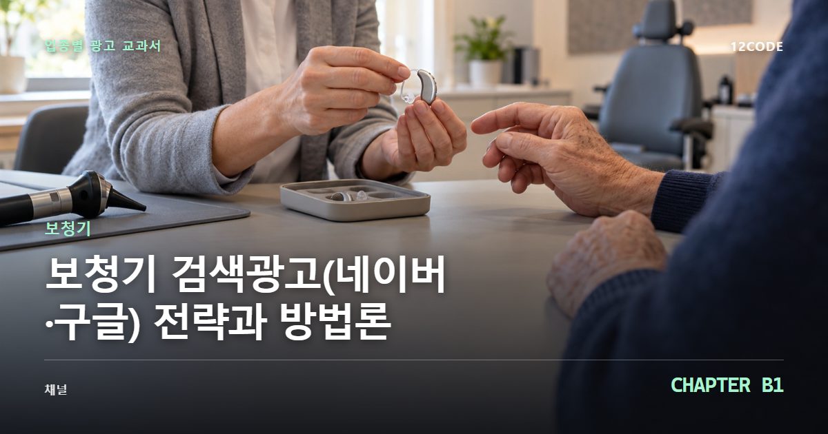 보청기 업종별 광고 교과서 B1장, 검색광고(네이버·구글) 전략과 방법론을 안내하는 표지 이미지