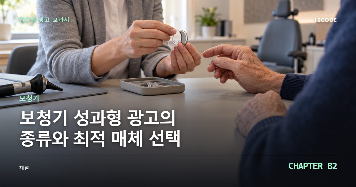 보청기 업종별 광고 교과서 B2장, 성과형 광고의 종류와 최적 매체 선택을 안내하는 표지 이미지