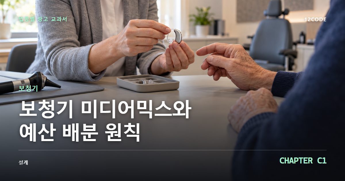 보청기 업종별 광고 교과서 C1장, 미디어믹스와 예산 배분 원칙을 안내하는 표지 이미지