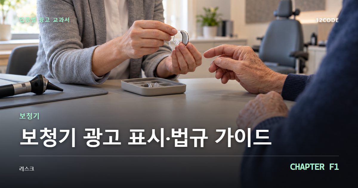 보청기 업종별 광고 교과서 F1장, 광고 표시·법규 가이드을 안내하는 표지 이미지