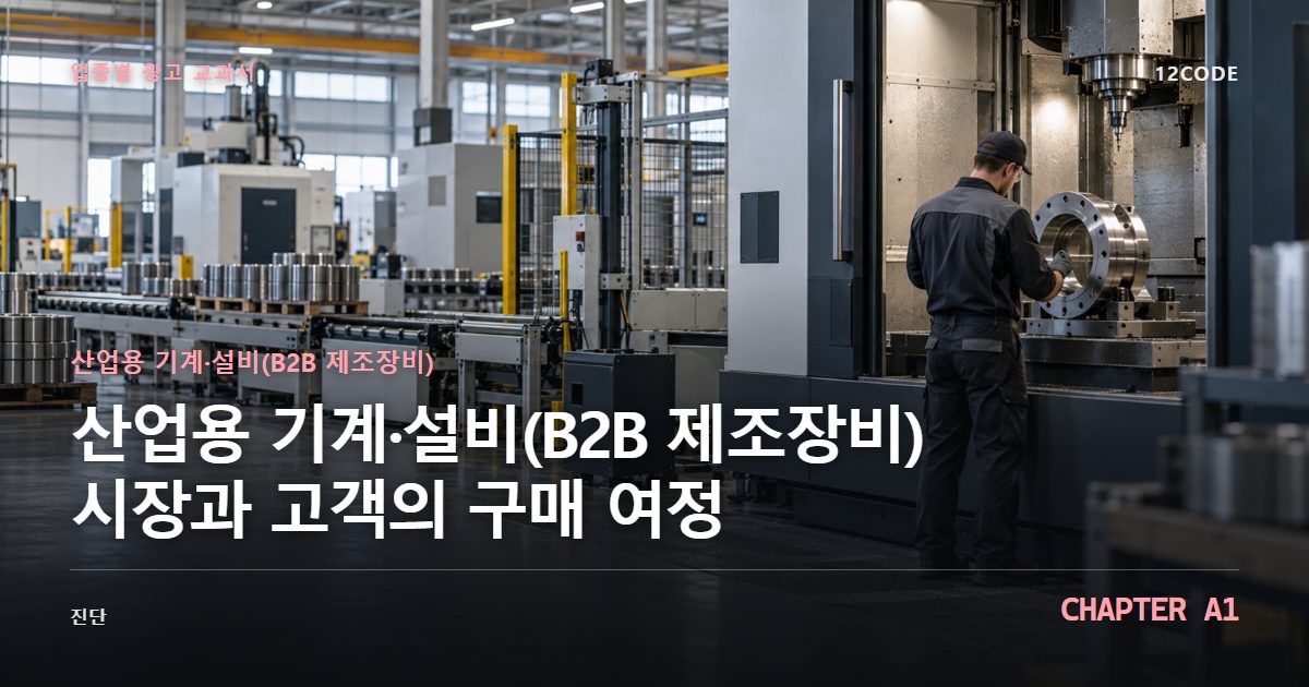 산업용 기계·설비(B2B 제조장비) 업종별 광고 교과서 A1장, 시장과 고객의 구매 여정을 안내하는 표지 이미지