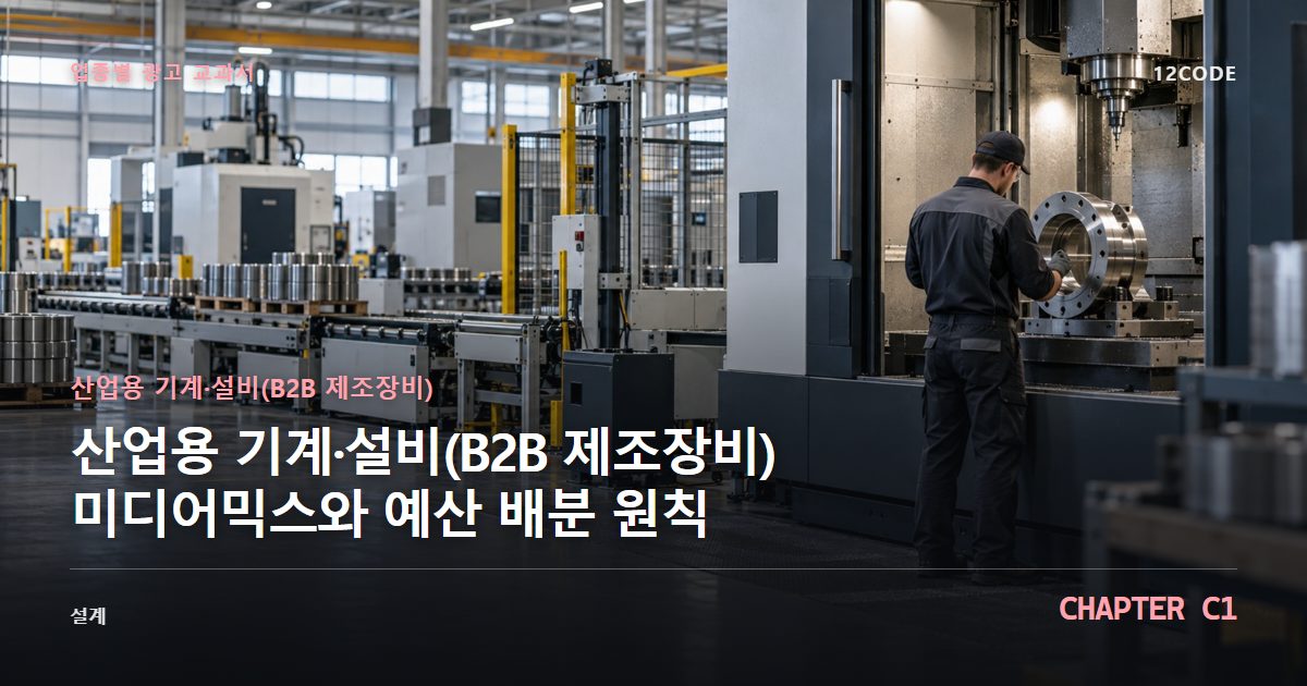 산업용 기계·설비(B2B 제조장비) 업종별 광고 교과서 C1장, 미디어믹스와 예산 배분 원칙을 안내하는 표지 이미지